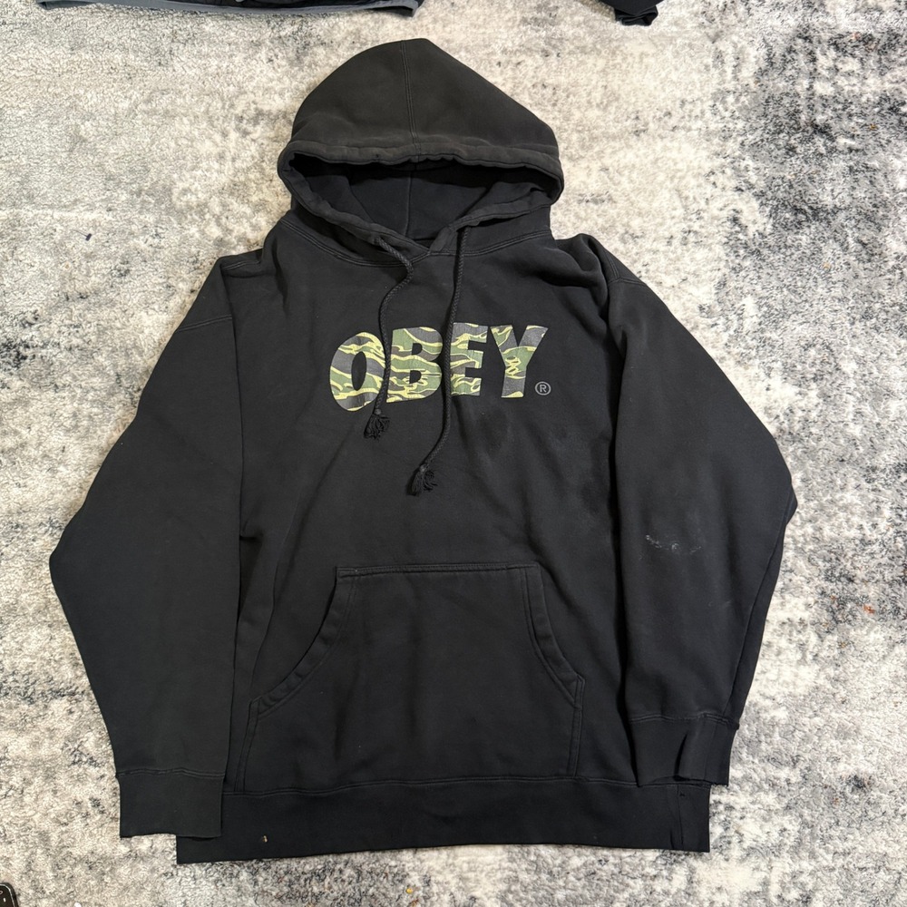 OBEY Hoodie Black Camo Logo Pullover Hooded Sweatshirt Mens Size‎ L